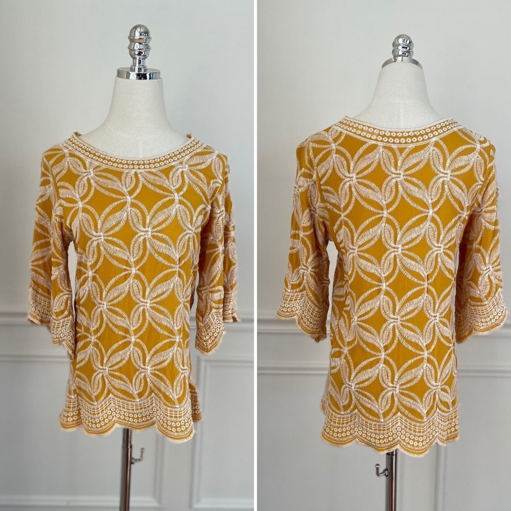 Solitaire Mustard Yellow Embroidered Tunic Southwestern Prairie Top S M